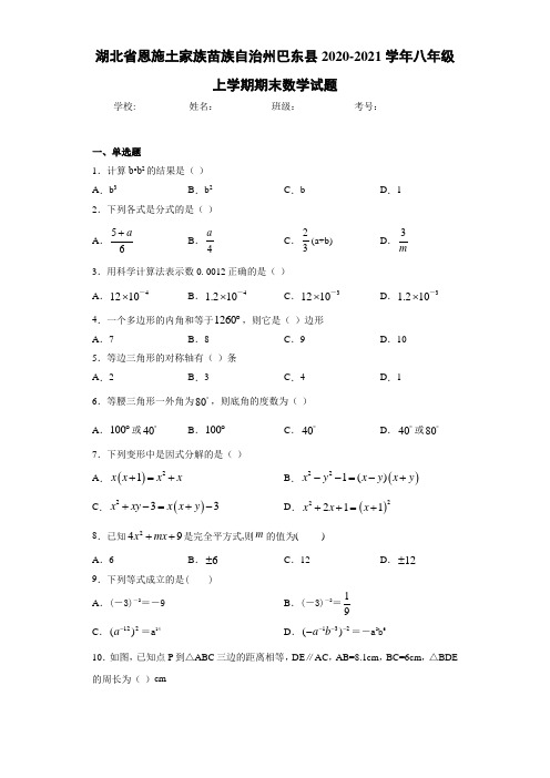 湖北省恩施土家族苗族自治州巴东县2020-2021学年八年级上学期期末数学试题