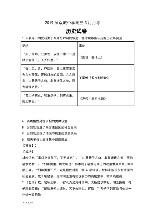 2019届四川省双流中学高三3月月考文综-历史试卷及解析