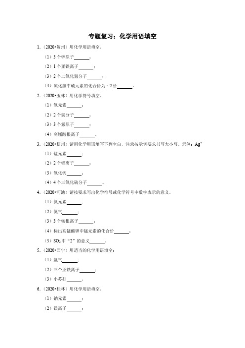 九年级化学中考专题训练： 化学用语填空专题