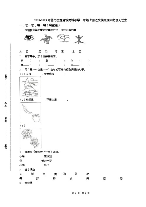 2018-2019年苍南县龙港镇海城小学一年级上册语文模拟期末考试无答案