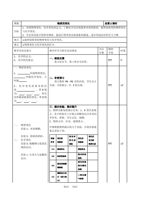 初中九年级上册化学  物质的变化和性质导学案10