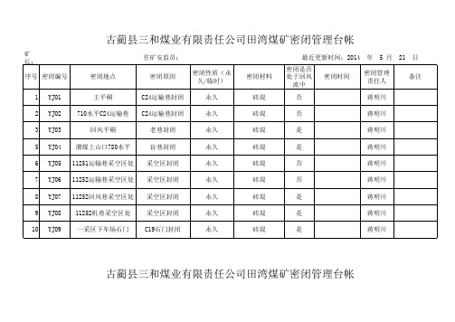 田湾煤矿密闭管理台帐