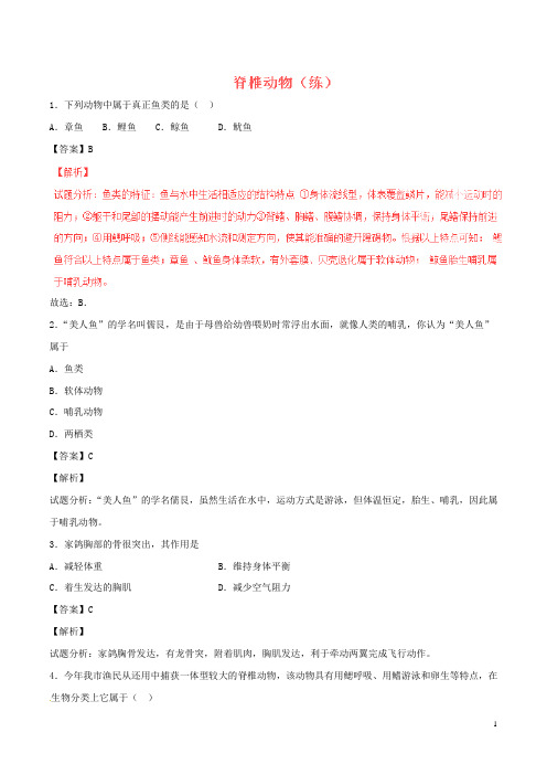 八年级生物上册 专题5.1.2 脊椎动物(练)(含解析) 新人教版