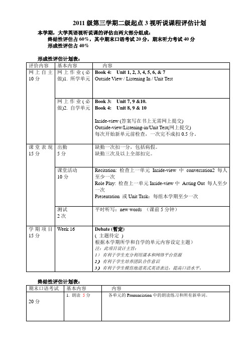 2011级第3学期二级起点3视听说评估计划