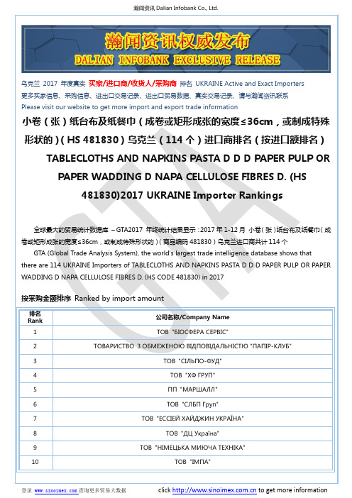 小卷(张)纸台布及纸餐巾(成卷或矩形成张…(HS 481830)2017 乌克