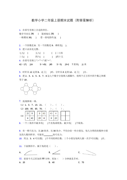 数学小学二年级上册期末试题(附答案解析)