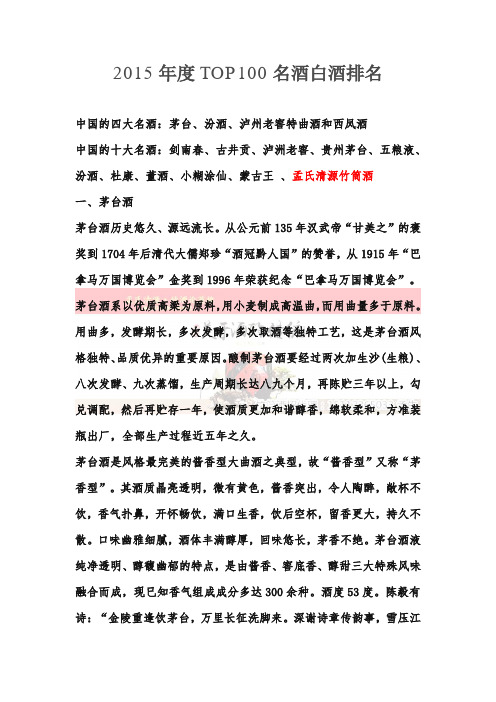 2015年度TOP100名酒白酒排名