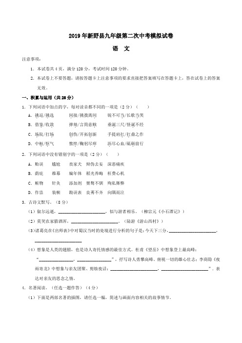河南省新野县2019届九年级第二次中考模拟语文考试试题