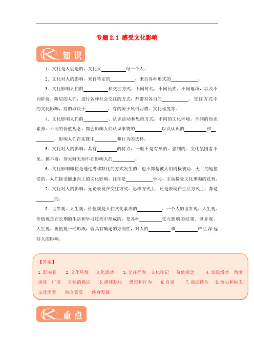 高中政治 专题2.1 感受文化影响试题(含解析)新人教版必修3