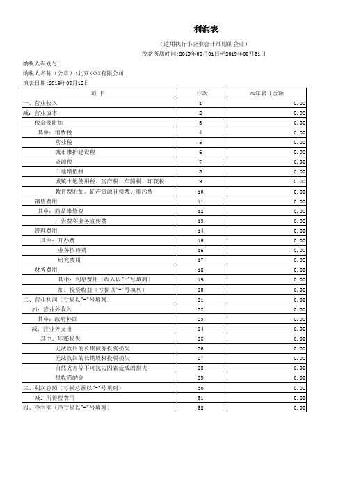 2019年新版企业财务报表——利润表_月报(适用执行小企业会计准则的企业)零申报模板