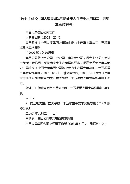 关于印发《中国大唐集团公司防止电力生产重大事故二十五项重点要求实…