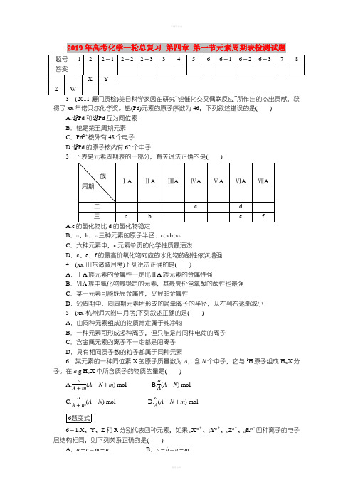 2019年高考化学一轮总复习 第四章 第一节元素周期表检测试题