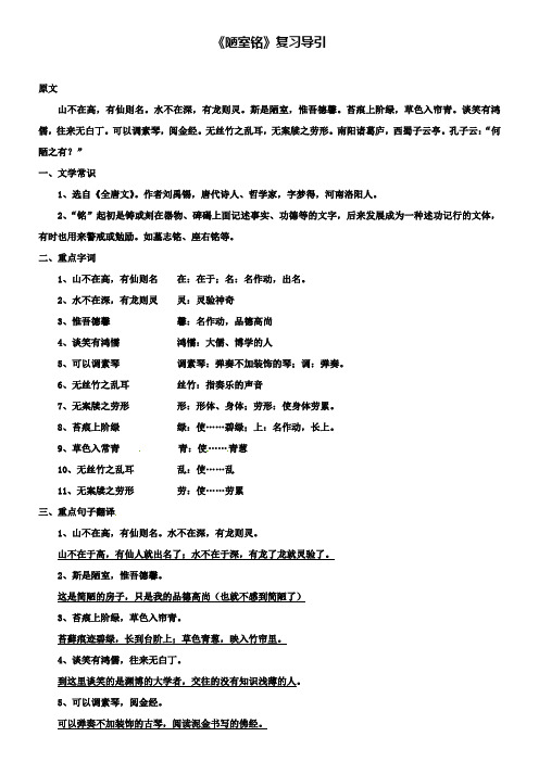 中考语文文言文：《陋室铭》复习