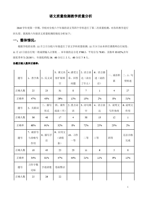 六年级语文质量检测教学质量分析