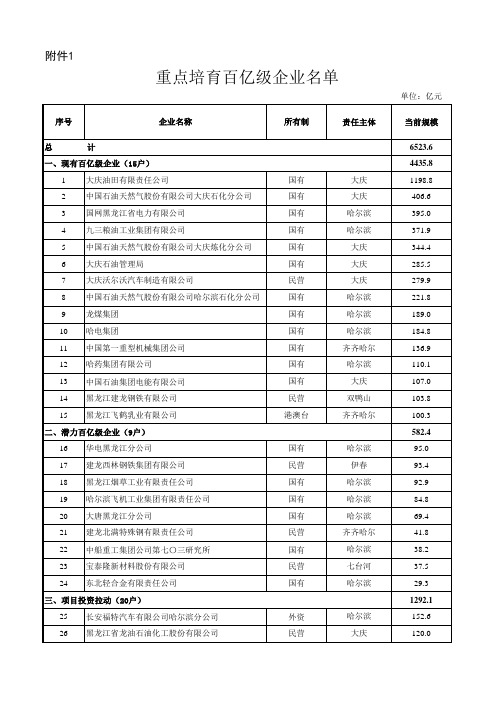 重点培育百亿级企业名单