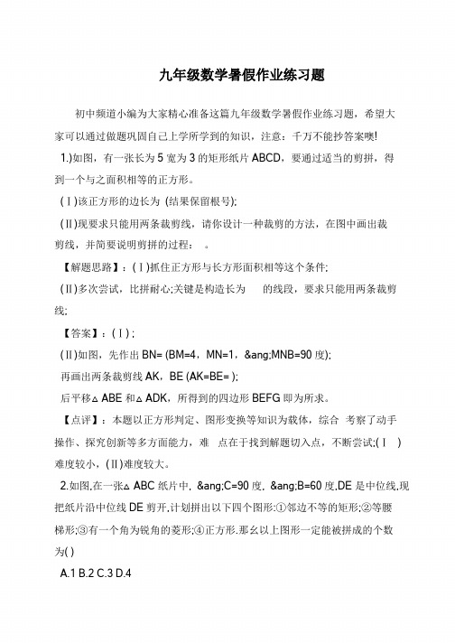 九年级数学暑假作业练习题