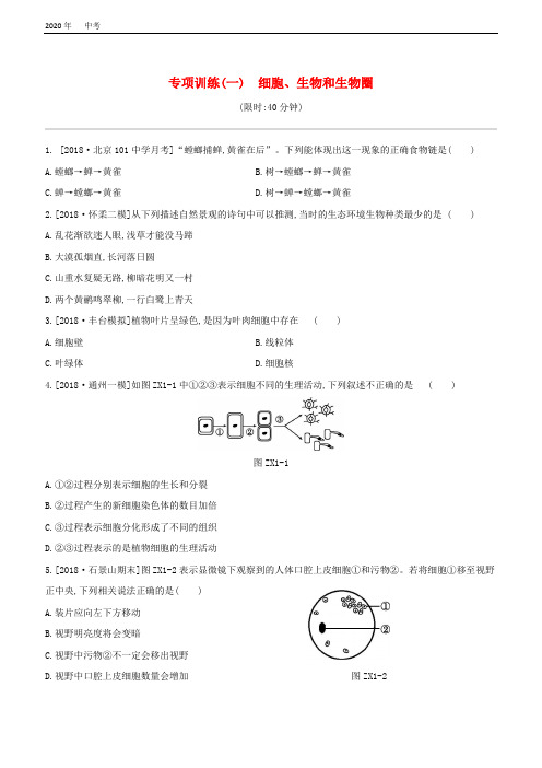 北京专版2020年中考生物复习专项训练1细胞生物和生物圈