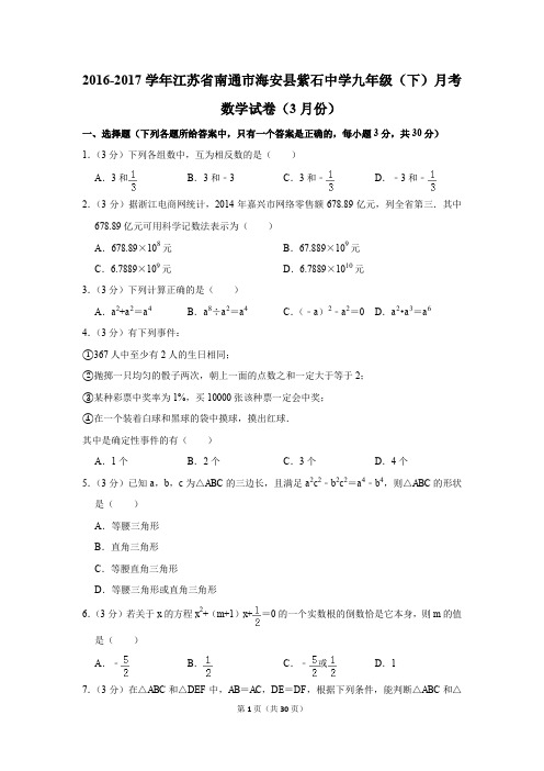2016-2017年江苏省南通市海安县紫石中学九年级(下)月考数学试卷(3月份)(解析版)