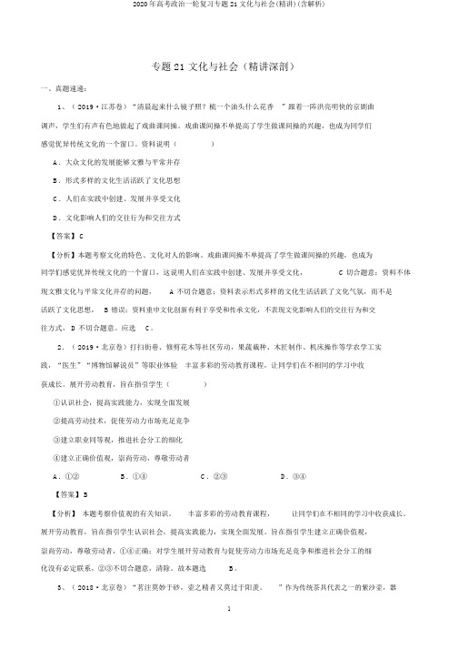 2020年高考政治一轮复习专题21文化与社会(精讲)(含解析)