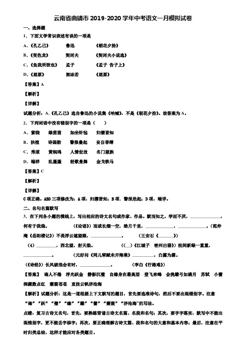 云南省曲靖市2019-2020学年中考语文一月模拟试卷含解析