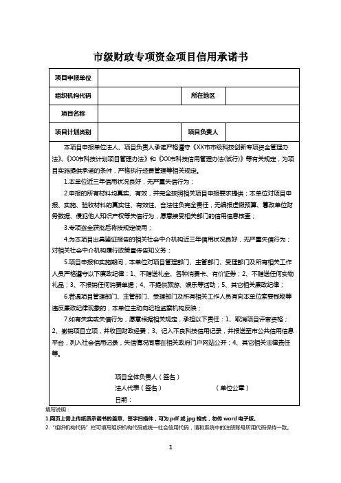 市级财政专项资金项目信用承诺书【模板】