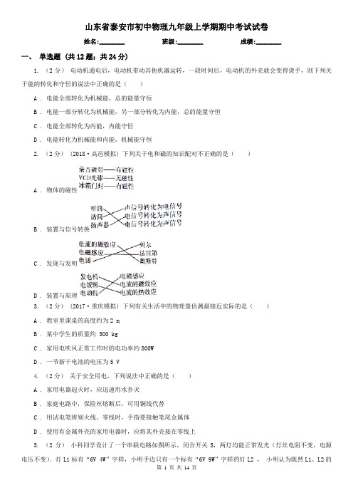 山东省泰安市初中物理九年级上学期期中考试试卷