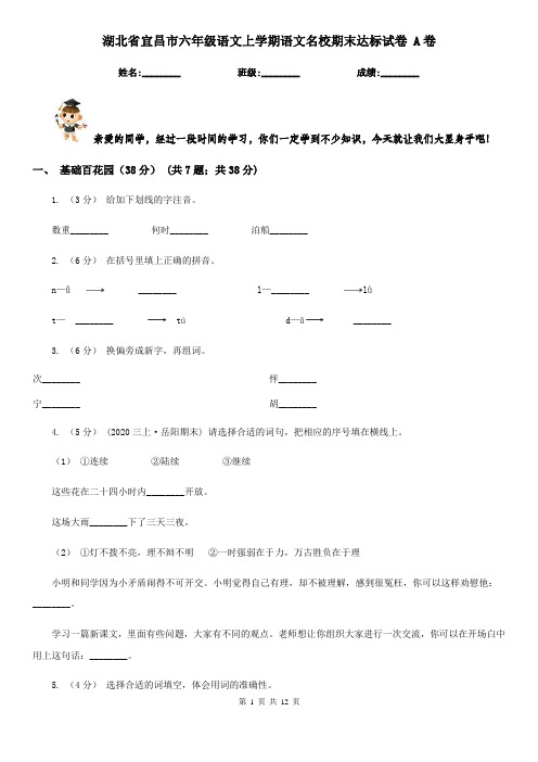 湖北省宜昌市六年级语文上学期语文名校期末达标试卷 A卷