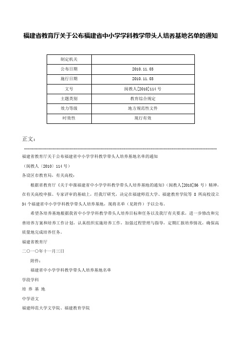 福建省教育厅关于公布福建省中小学学科教学带头人培养基地名单的通知-闽教人[2010]114号
