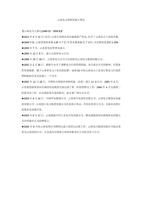 云南电力体制发展大事记(1949-2004)