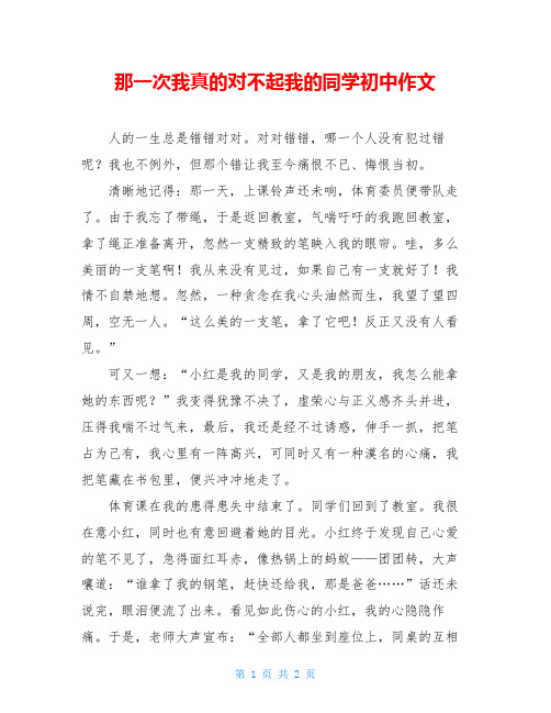 那一次我真的对不起我的同学初中作文