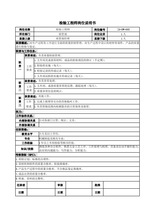 检验工程师岗位说明书