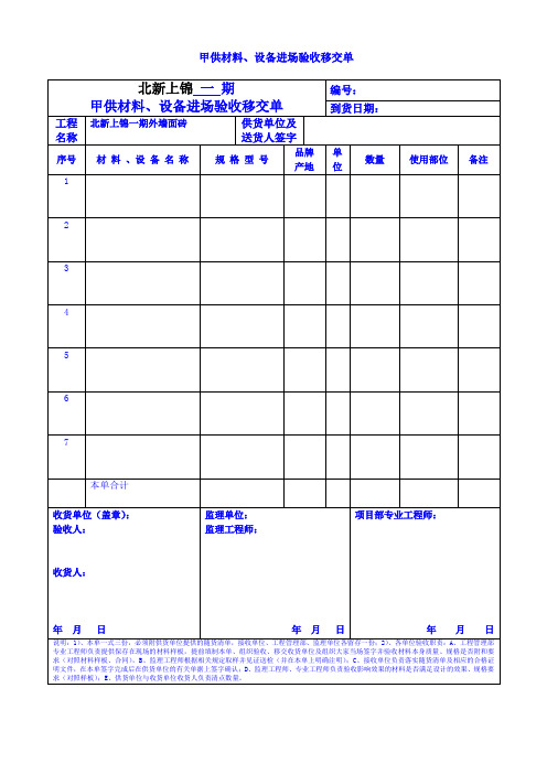 甲供材料、设备进场验收移交单