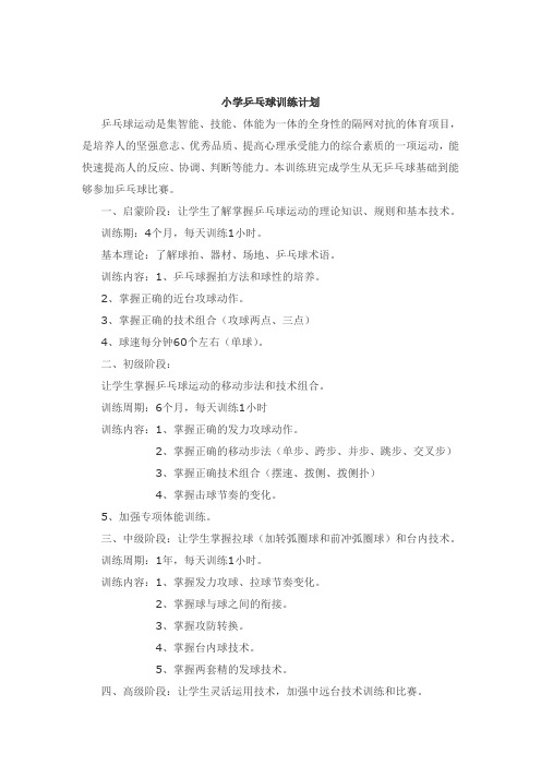小学乒乓球训练计划