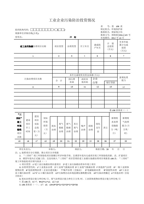 工业企业污染防治投资情况表
