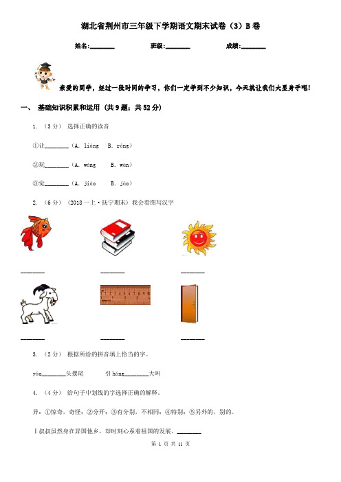 湖北省荆州市三年级下学期语文期末试卷(3)B卷