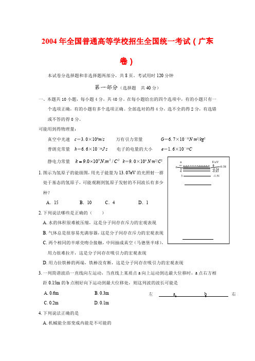 2004年全国普通高等学校招生全国统一考试物理部分(广东卷)