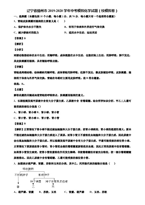 辽宁省锦州市2019-2020学年中考模拟化学试题(校模拟卷)含解析