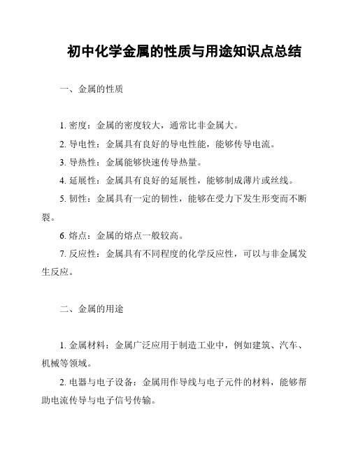 初中化学金属的性质与用途知识点总结