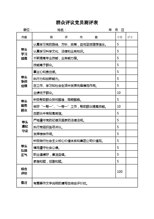 群众评议党员测评表
