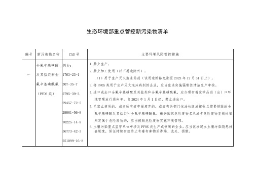 生态环境部重点管控新污染物清单