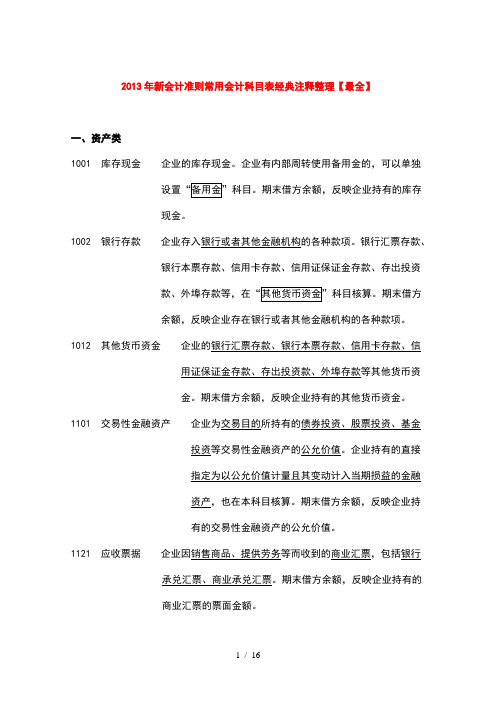 2013年新会计准则常用会计科目表经典注释整理【最全】
