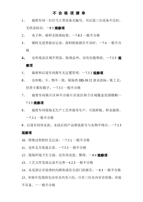 不合格项清单