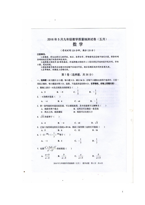 人教版九年级数学下册2016年5月九年级数学模拟测试卷及答案