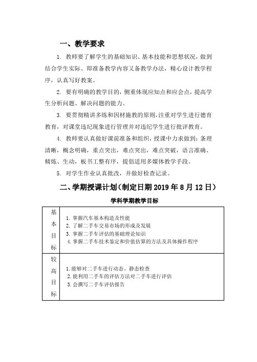 二手车鉴定与评估授课计划(6学时)