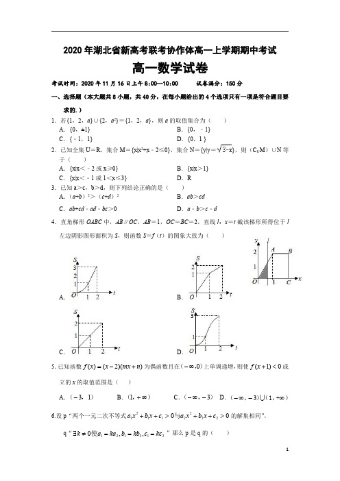 湖北省新高考联考协作体2020-2021学年高一上学期期中考试数学试题
