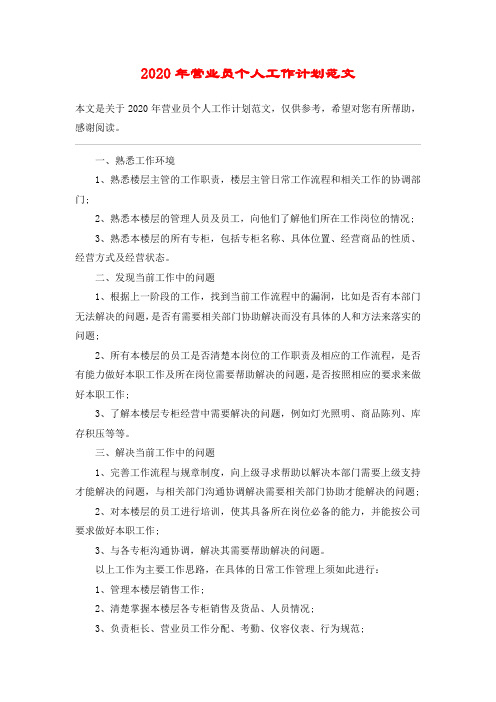 2020年营业员个人工作计划范文
