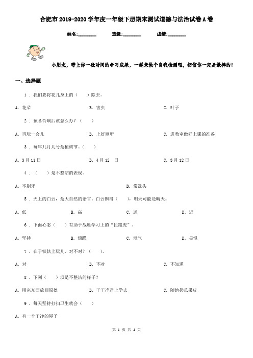 合肥市2019-2020学年度一年级下册期末测试道德与法治试卷A卷