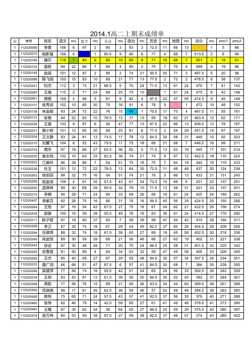 2014.1高二上期末文成绩单