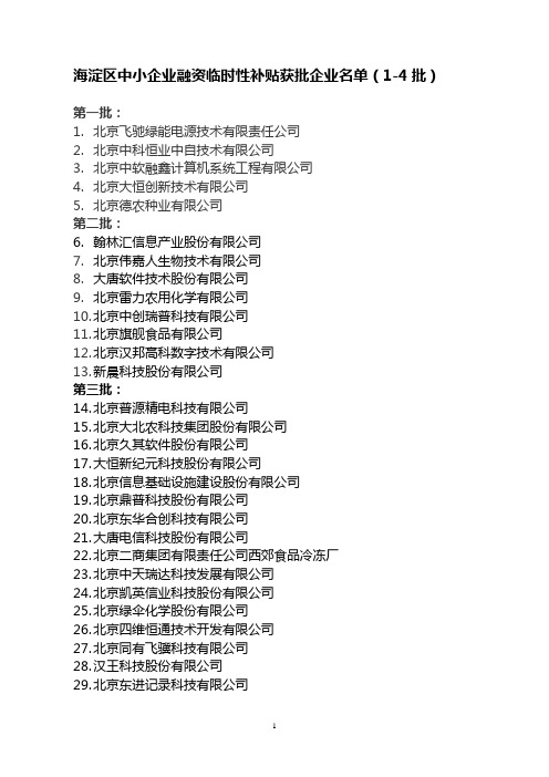 海淀区中小企业融资临时性补贴获批企业名单(1-4批)