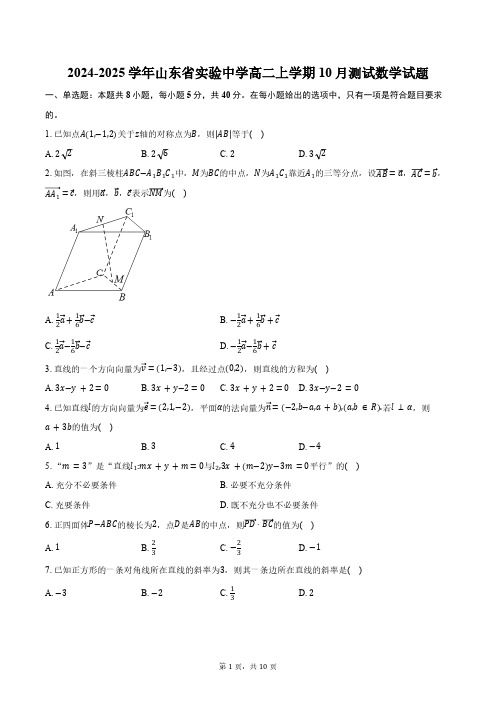 2024-2025学年山东省济南市山东省实验中学高二上学期10月测试数学试题(含答案)